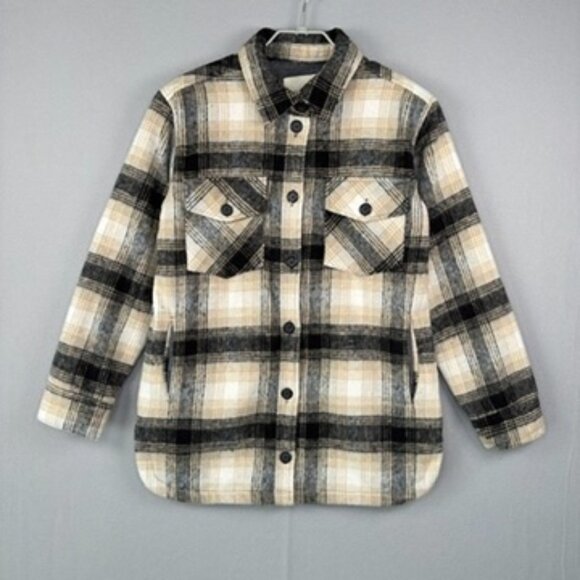 THREAD & SUPPLY Shirt Jacket Shacket S Black Tan Plaid Flannel Chore Pocket - Picture 1 of 15